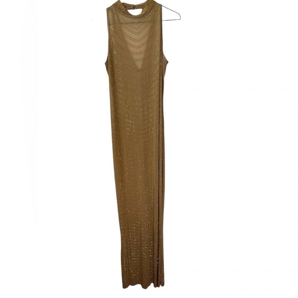 Golden Sheer Gown With Rhinestones Maxi Sleeveless Special Occasions BNWOT